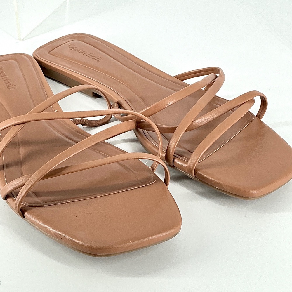 Open Edit Size 8.5 Tan Brown Strappy Flat Sandals NEW Minimalist Slide Korva $50